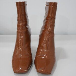 Glossy Tan Faux Patent Leather Heeled Boots Zipper